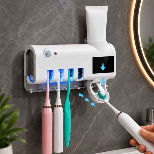 UV Light Sterilizer Toothbrush Holder Cleaner & Automatic Toothpaste Dispenser