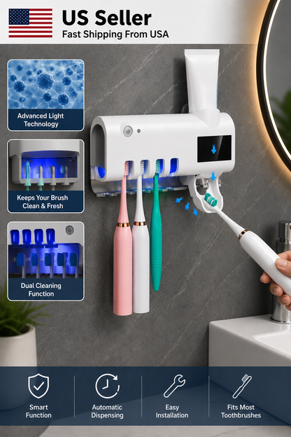 UV Light Sterilizer Toothbrush Holder Cleaner & Automatic Toothpaste Dispenser